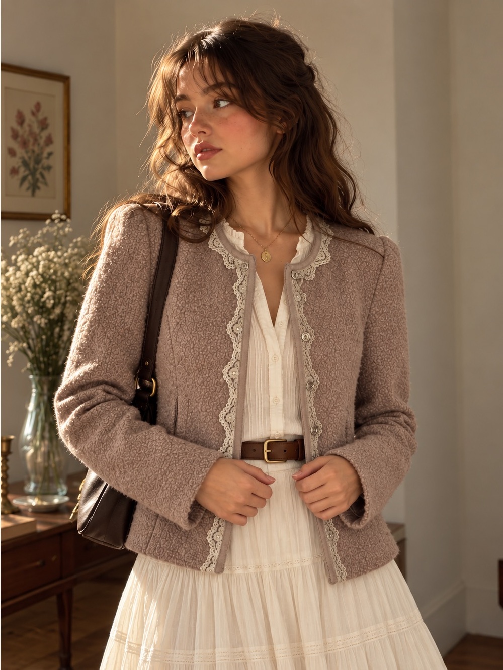 Banana Republic Boucle Wool Blazer Lace Trim Cottagecore Romantic Jacket Size 10